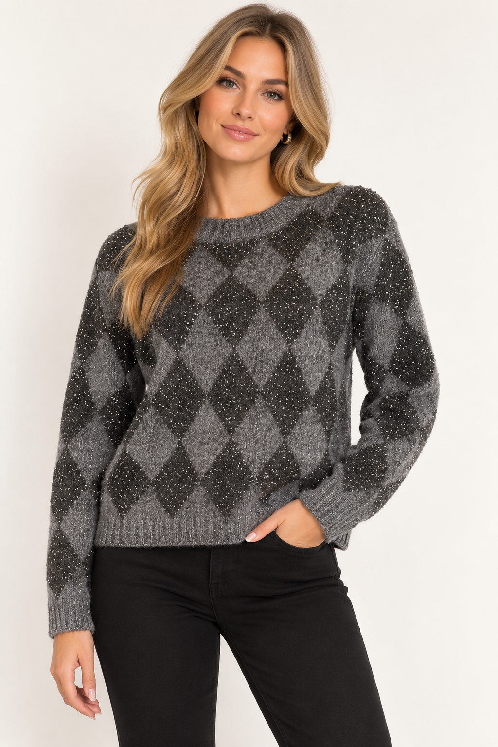 Oui Sparkle Argyle Jumper – Grey & Black