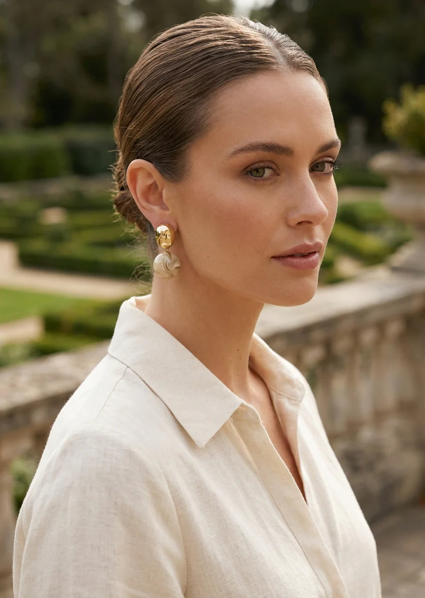 Gold stud with marble taupe ball earring