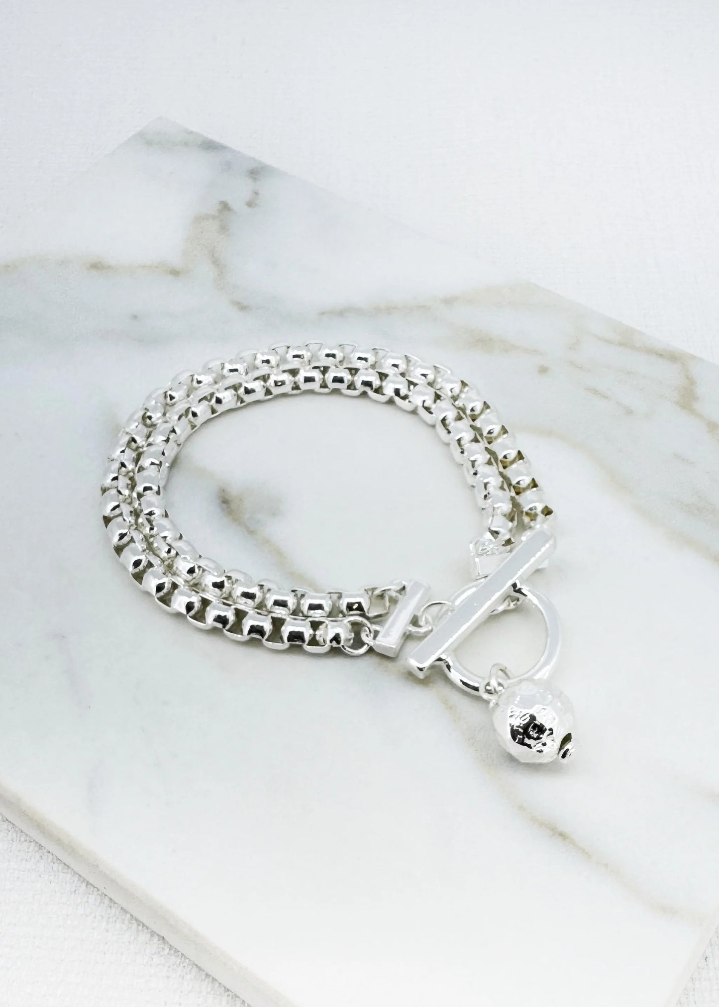 Double layered silver chain bracelet with T-bar and ball charm