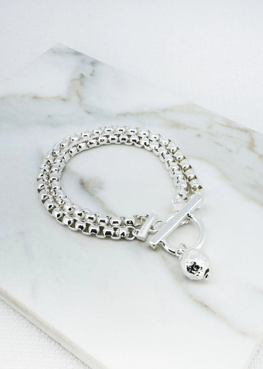 Double layered silver chain bracelet with T-bar and ball charm