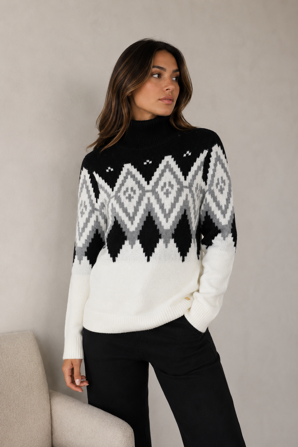 Geometric Print Roll Neck Jumper