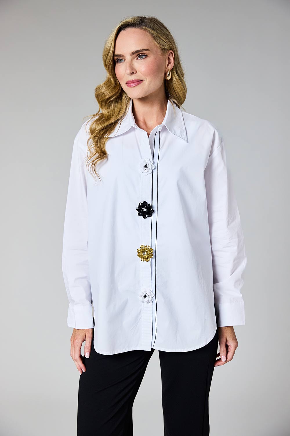 White Floral Button Detail Shirt