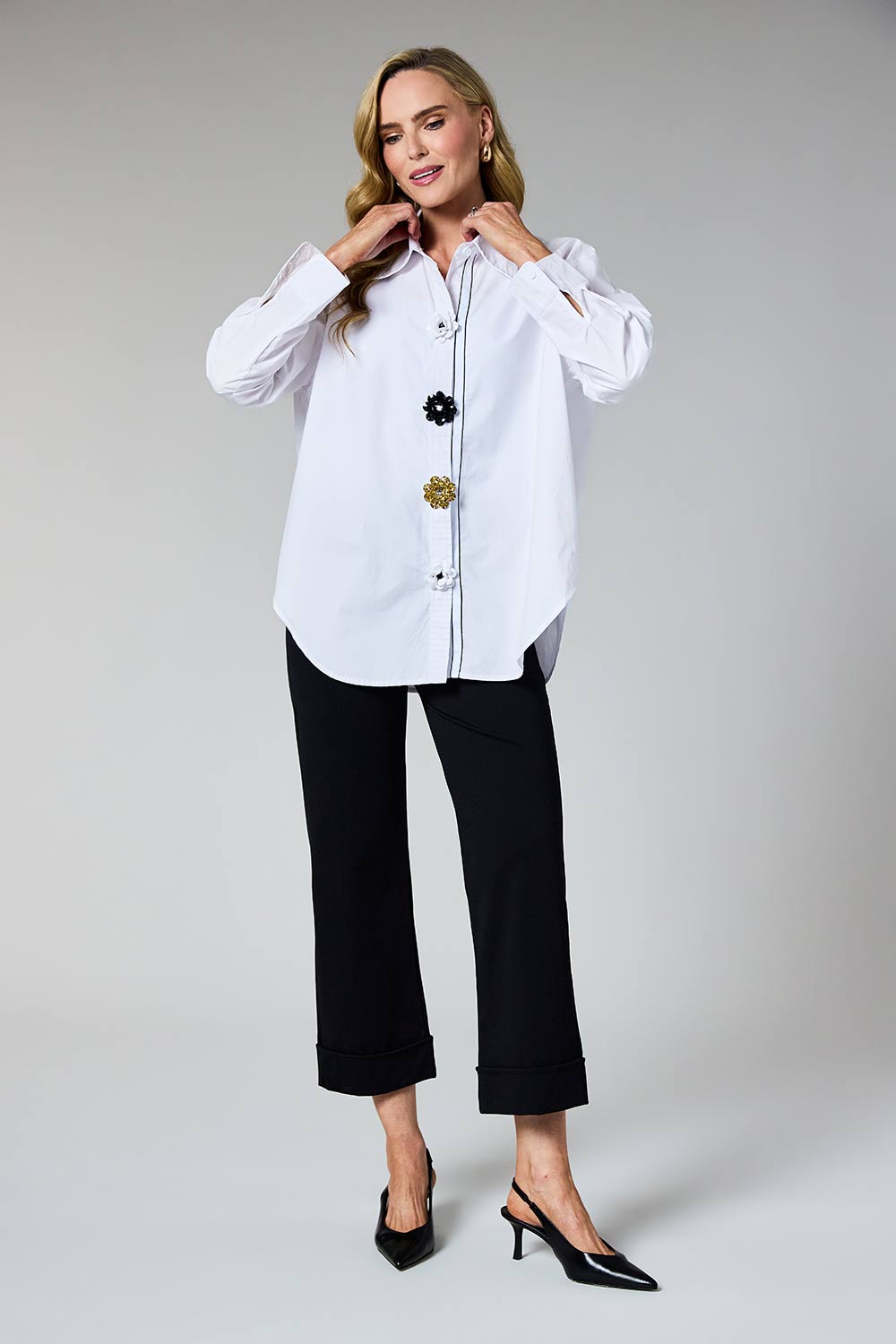 White Floral Button Detail Shirt