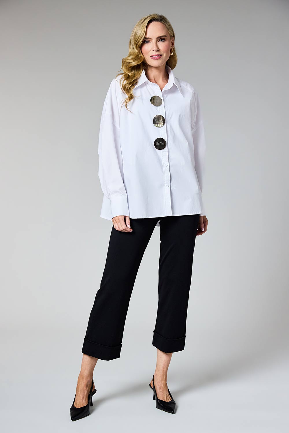 White Statement Button Oversized Shirt