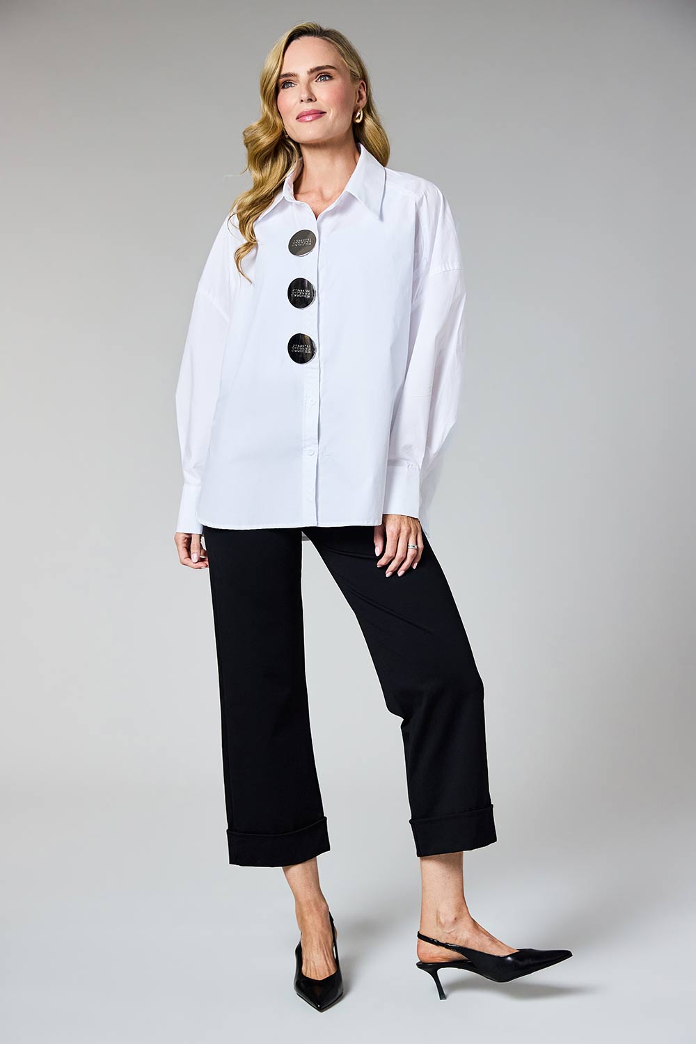 White Statement Button Oversized Shirt