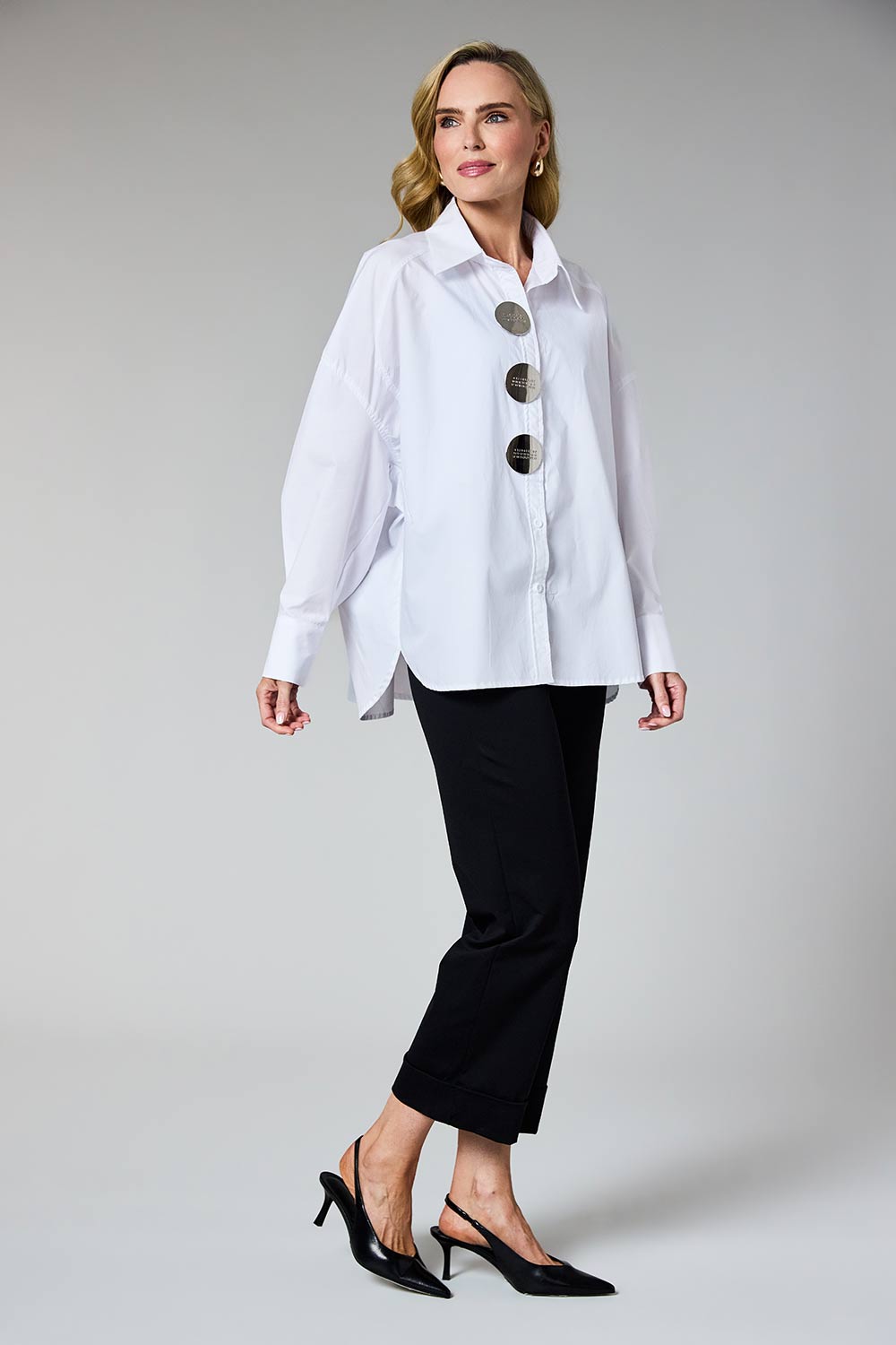 White Statement Button Oversized Shirt