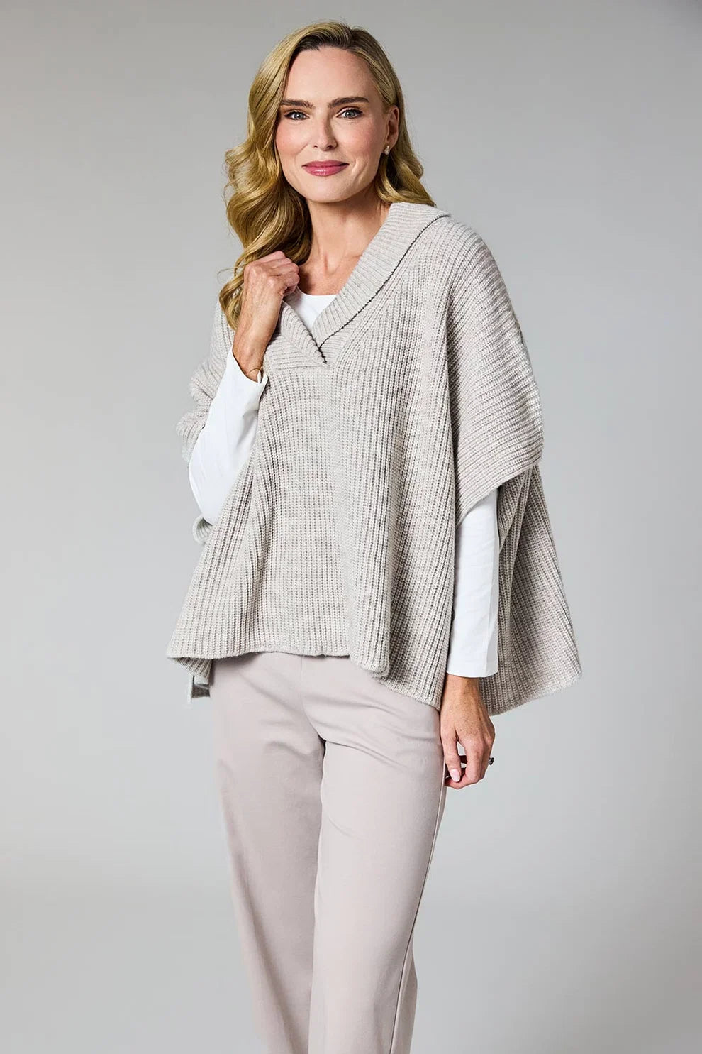 Beige Knitted V-Neck Poncho