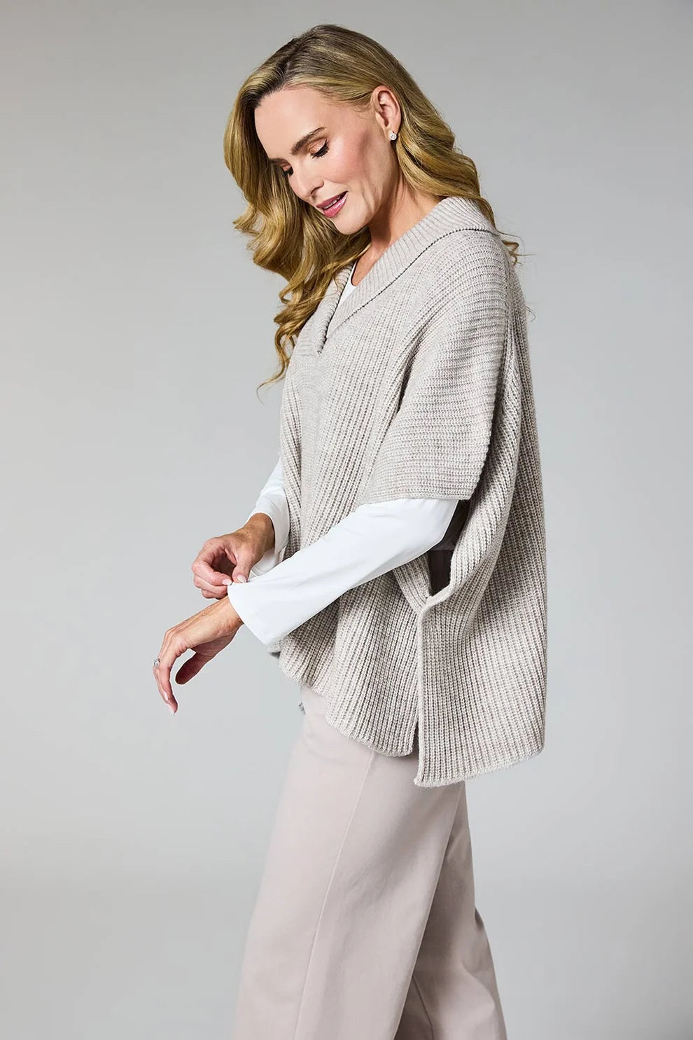 Beige Knitted V-Neck Poncho
