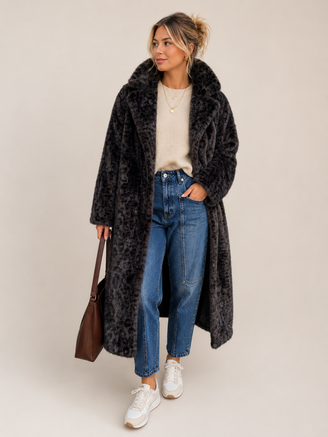 Luxurious long leopard fur coat