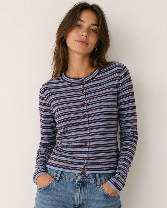 Striped Rib Knit Button Cardigan – Burgundy & Blue