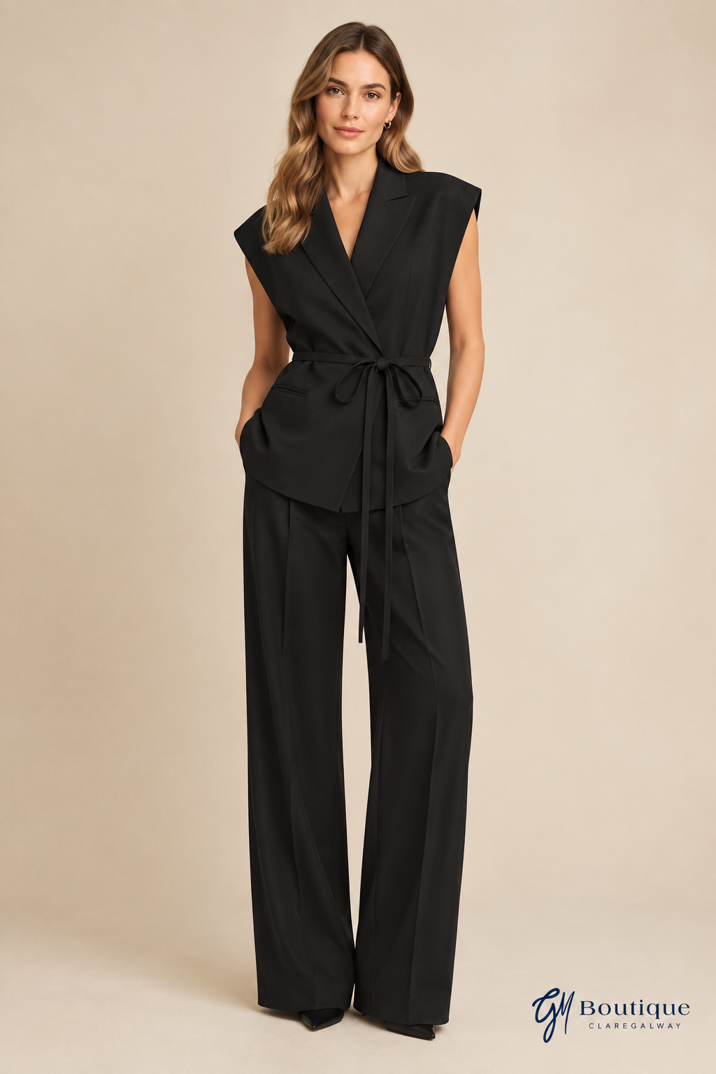 Evening or daytime styling preview of Mos Mosh Lucine Miley vest with MMKay Miley black sateen pants in GM Boutique Galway Ireland