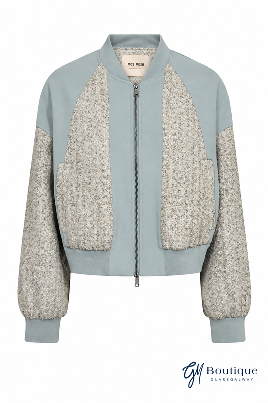 Mos Mosh Blue / Silver / Gold Bomber Jacket  Front view with GM Boutique Claregalway logo at bottom right hand corner