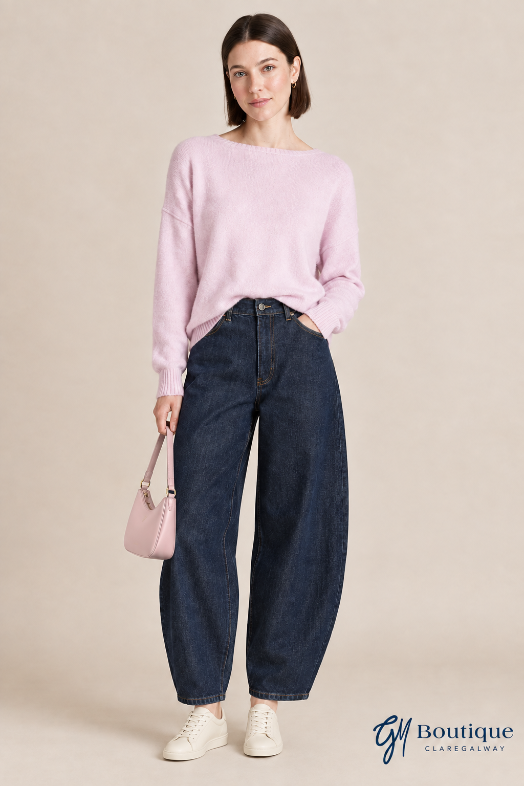 MOS MOSH MANOU NIPPON JEAN DARK BLUE with Tuzzi Pink Top cream trainers and a pink handbag at GM Boutique Galway Ireland