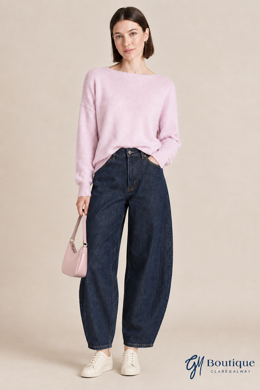 MOS MOSH MANOU NIPPON JEAN DARK BLUE with Tuzzi Pink Top cream trainers and a pink handbag at GM Boutique Galway Ireland