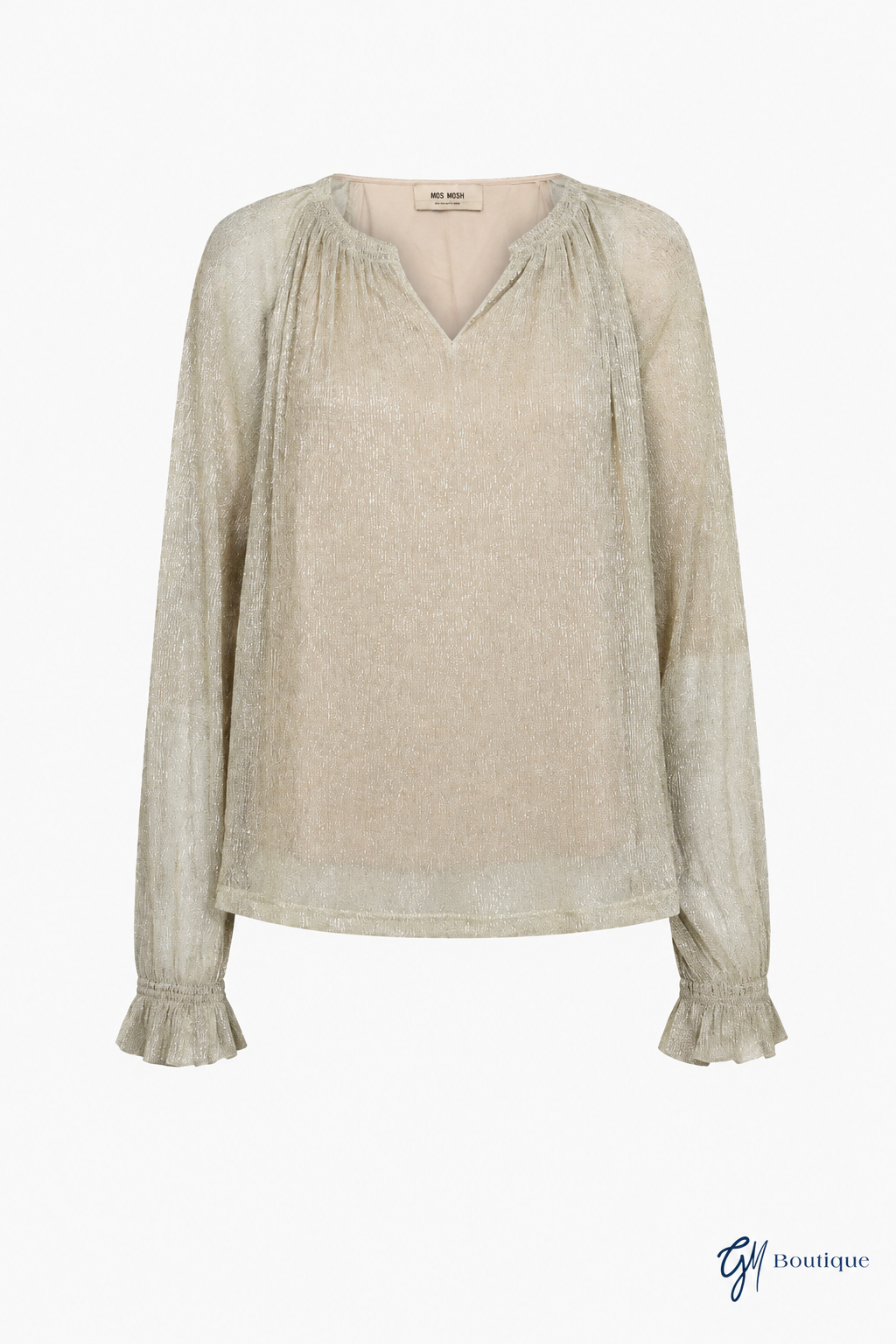 Front View Mos Mosh Ximena Glam V-Neck Gold Blouse with GM Boutique logo