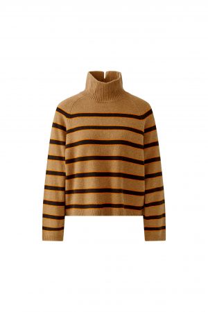 A cropped knit turtleneck sweater with horizontal stripes in camel brown and dark brown, shown against a plain white background. GM Boutique, Galway