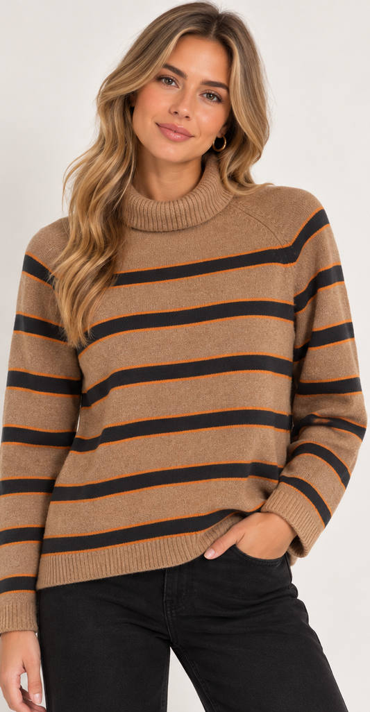 Oui women’s camel and black striped roll neck jumper with long sleeves and ribbed trims. GM Boutique, Galway