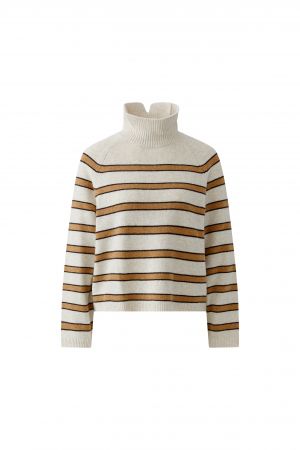A cream-colored knit turtleneck sweater with horizontal brown stripes, displayed on a clean white background. GM Boutique