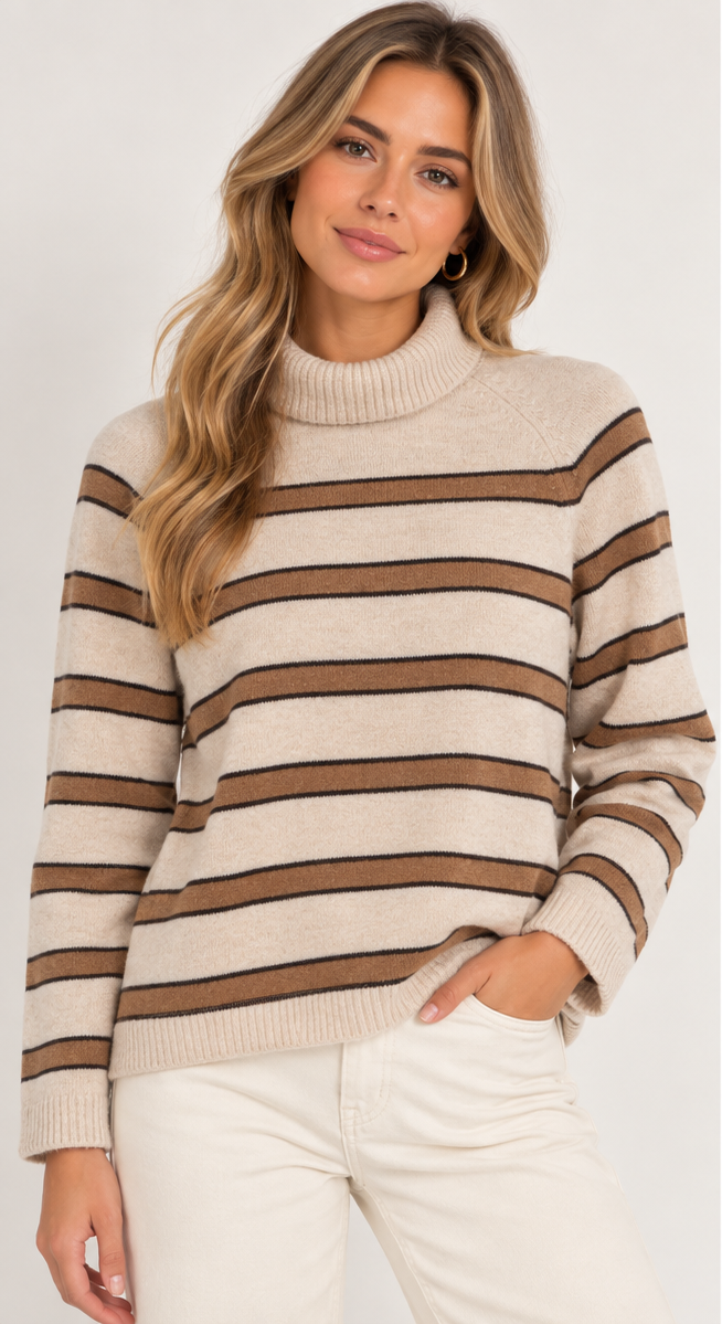 Oui women’s camel and black striped roll neck jumper with long sleeves and ribbed trims. GM Boutique, Galway