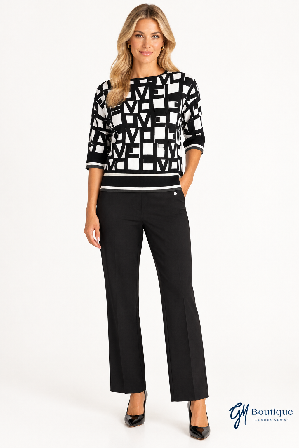 Black Robell Anna Short Leg Black Trousers paired with the Tuzzi Monochrome Geometric Print Knit Top, with a small GM Boutique logo at bottom right.