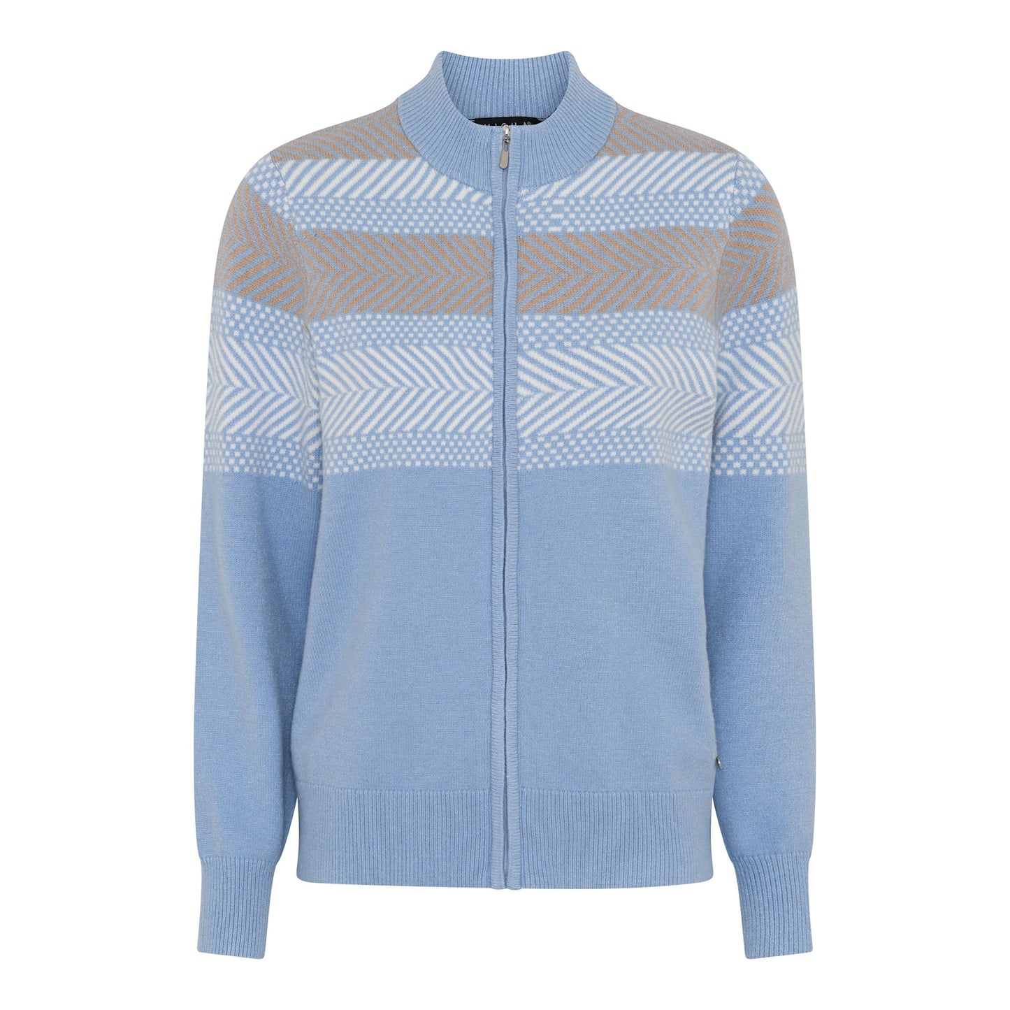 Zip-up funnel neck sweater in rich blue, accented with cream and beige stripes