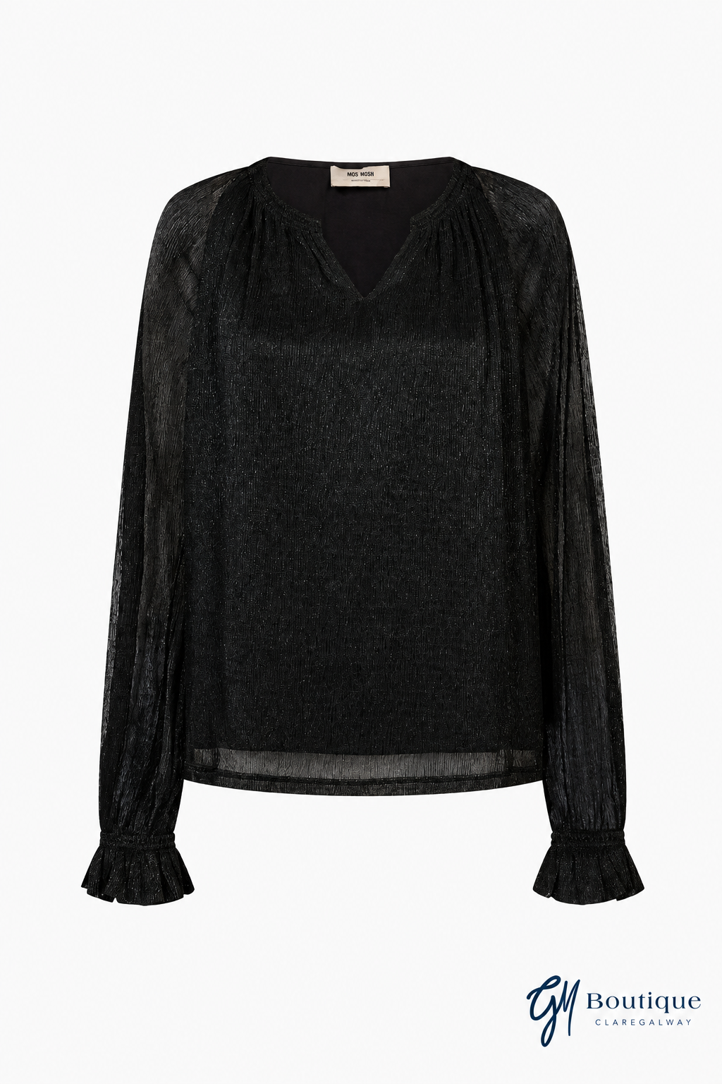 Black Mos Mosh Ximena Glam V-neck blouse front view with small navy GM Boutique Claregalway logo at bottom right