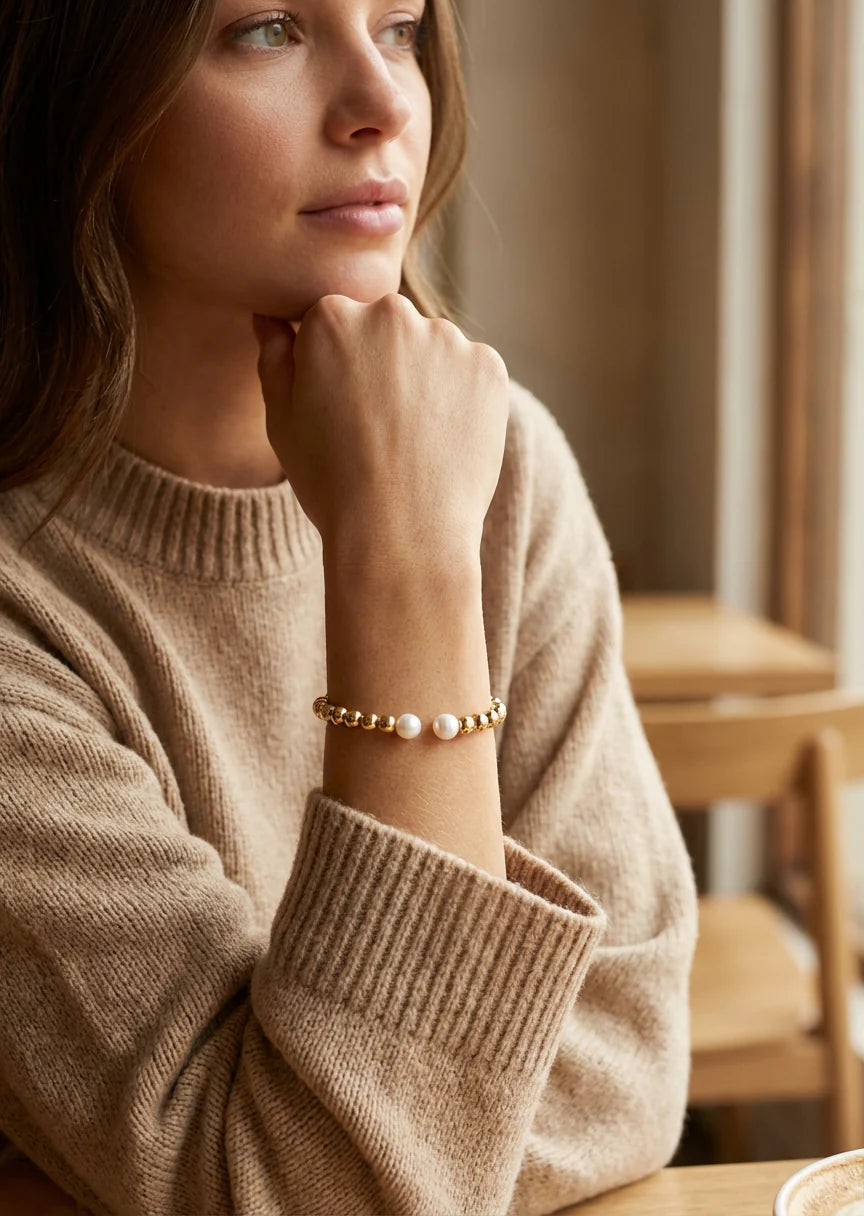 Gold beaded bangle with pearl detail