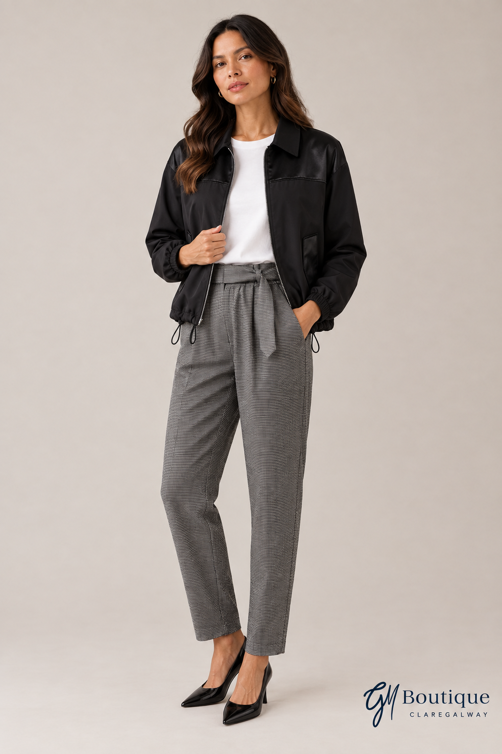 Evening styling preview of Mos Mosh Clarice Miley jacket with Barbara Lebek check tie-waist trousers at BM Boutique Ireland