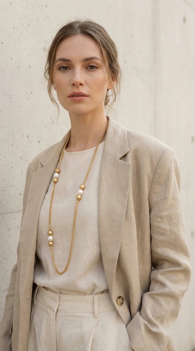Long gold necklace with gold and pearl balls