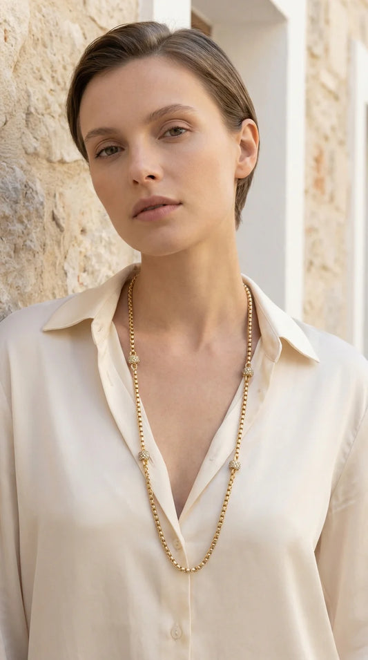 Long gold box chain necklace with diamante details