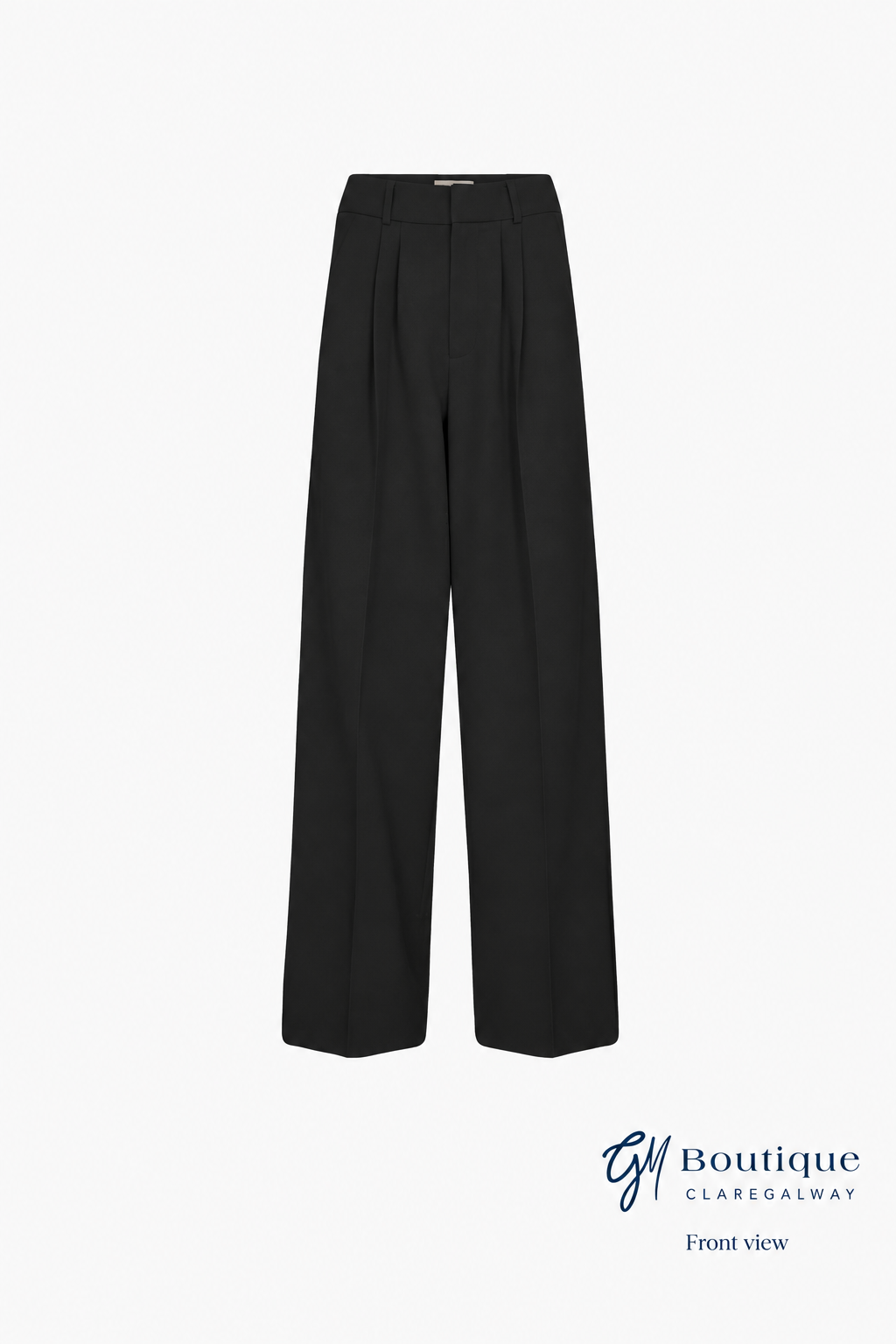 Mos Mosh black sateen pants front view with GM Boutique Claregalway branding